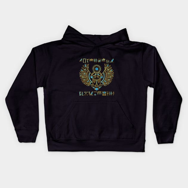 Egyptian Scarab Beetle Gold and blue stained glass Kids Hoodie by Nartissima